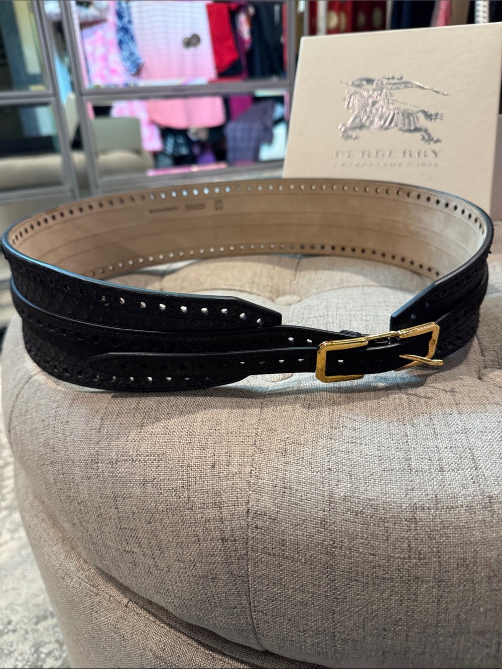 Burberry Black Leather Perforated Belt with Gold-Tone Buckle